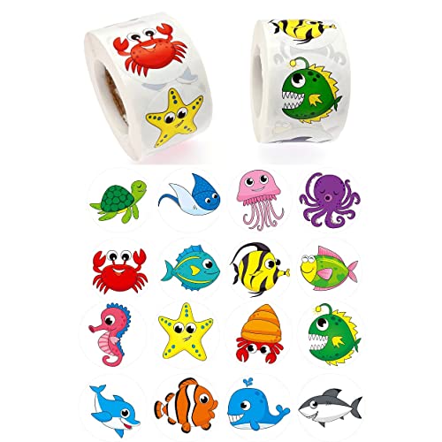 JZK 1000x Runde Sticker meerestiere 38mm Meerestieraufkleber für Jungen Mädchen, Kinderaufkleber-Set für Kindergeburtstagsgeschenke, Papiersiegelaufkleber für Kinderparty-Geschenktüten von JZK