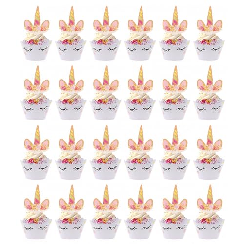 JZK 24 x Einhorn-Cupcake-Förmchen und -aufsätze, Einhorn-Horn und Ohren, Cupcake-Aufsätze, Regenbogen-Muffin-Wrapper, Cupcake-Einlagen, Dekoration für Kinder, Baby-Geburtstagsparty von JZK