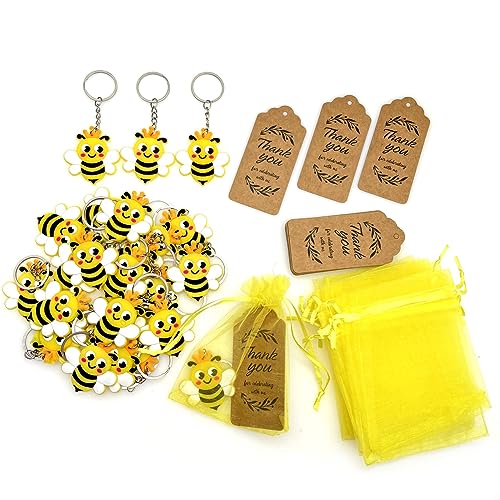 JZK 25 x Bee themed party favors, bee keyring keychains with yellow confetti bags and gift tags set, kids birthday party bag fillers giveaways thankyou gift, bumble bee theme party decorations von JZK