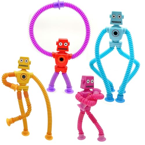 JZK 4X Saugnapf Robotspielzeug mit flexiblen Langen Gliedmaßen Pop-Röhre Spielzeug für Kindergartenkinder, Dehnbare Schlauchzappelspielzeug Sinnesspielzeug für kleine Kinder 2 3 4 5 6 Jahren von JZK