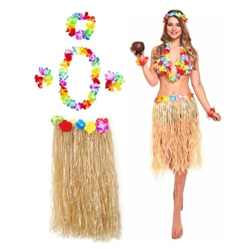 JZK 5X Hawaii Party Kostüm Set, Hula Rock + Blume Stirnband + 2 Blumen Armband + Halskette Girlande, Mädchen Frauen Zubehör für Hula Luau Party, Einheitsgröße von JZK
