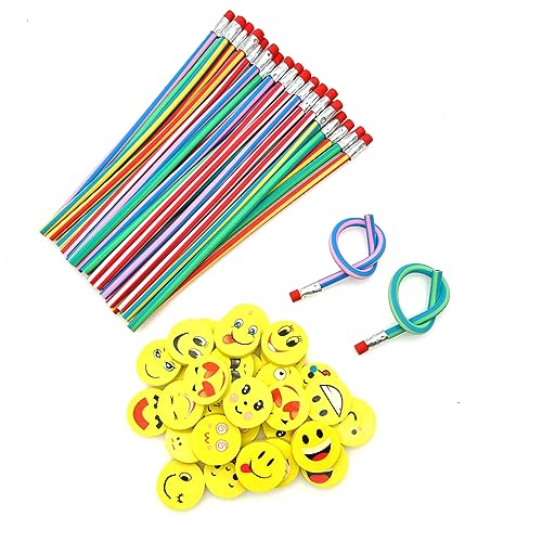 JZK 60 x Bleistifte und Radiergummis Set, 30 x weiche flexible magische biegsame Bleistifte + 30 x Smiley Emoji Radiergummi, Kinder Geburtstag Party Bag Fillers Set, Kinder Party Favors Dankeschön JZK 60 x Bleistifte und Radiergummis Set, 30 x weiche flexible magische biegsame Bleistifte + 30 x Smiley Emoji Radiergummi, Kinder Geburtstag Party Bag Fillers Set, Kinder Party Favors Dankeschön von JZK