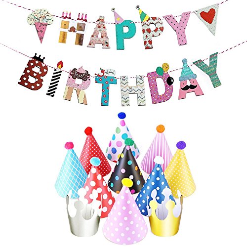 JZK Geburtstagsdeko, Geburtstag Dekoration Set, 1 Stück Happy Birthday Banner + 9 Stück Bunte Hüte + 2 Stück Kronen für Männer und Frauen Kindergeburtstag Geburtstag Party Dekoration JZK Geburtstagsdeko, Geburtstag Dekoration Set, 1 Stück Happy Birthday Banner + 9 Stück Bunte Hüte + 2 Stück Kronen für Männer und Frauen Kindergeburtstag Geburtstag Party Dekoration von JZK
