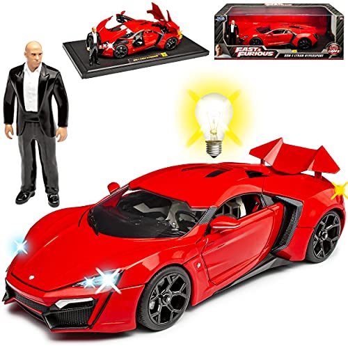 Lykan Hypersport W Motors Coupe Rot mit Beleuchtung The Fast and The Furious mit Figur Dominic Toretto Vin Diesel 1/18 Jada Modell Auto mit individiuellem Wunschkennzeichen von Ja-da