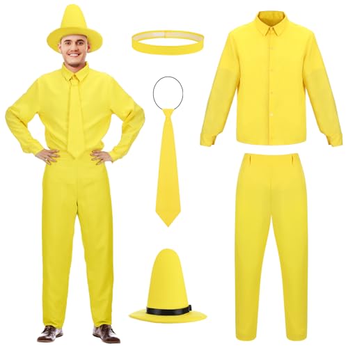 JaGely 5-teiliges Halloween-Kostüm mit gelbem Hut, Hemd, Hose, Krawatte, Uniform-Set für Halloween, Cosplay-Party JaGely 5-teiliges Halloween-Kostüm mit gelbem Hut, Hemd, Hose, Krawatte, Uniform-Set für Halloween, Cosplay-Party von JaGely