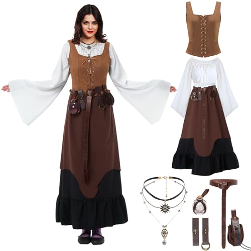 JaGely 8 Stück Halloween Damen Renaissance Kostüm Mittelalter Kleid mit Korsett Trank Flasche Gürtel Beutel Münze Geldbörse Halskette, Braun, M von JaGely