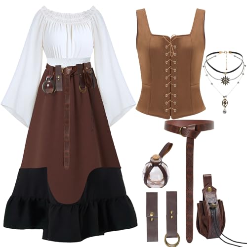 JaGely 8 Stück Halloween Damen Renaissance Kostüm Mittelalter Kleid mit Korsett Trank Flasche Gürtel Beutel Münze Geldbörse Halskette, Braun, XL JaGely 8 Stück Halloween Damen Renaissance Kostüm Mittelalter Kleid mit Korsett Trank Flasche Gürtel Beutel Münze Geldbörse Halskette, Braun, XL von JaGely