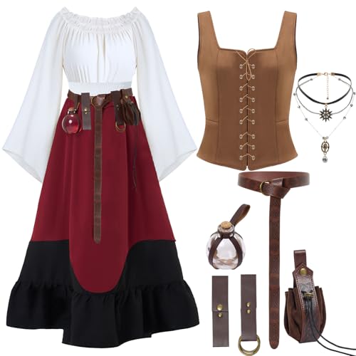 JaGely 8 Stück Halloween Damen Renaissance Kostüm Mittelalter Kleid mit Korsett Trank Flasche Gürtel Beutel Münze Geldbörse Halskette, Rot/Ausflug, einfarbig (Getaway Solids), XXL von JaGely