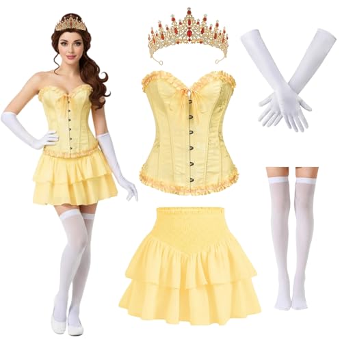 JaGely Prinzessinnen-Kostüm, Kleid für Damen, Erwachsene, Halloween-Partykleid, Korsett, Oberteil, Krone, Handschuh, Socke, Rock, Prinzessin, Rollenspiel, 5 Stück, gelb, L JaGely Prinzessinnen-Kostüm, Kleid für Damen, Erwachsene, Halloween-Partykleid, Korsett, Oberteil, Krone, Handschuh, Socke, Rock, Prinzessin, Rollenspiel, 5 Stück, gelb, L von JaGely