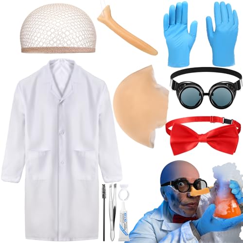 JaGely Verrückter Wissenschaftler-Kostüm-Set, Halloween, verrückter Wissenschaftler, Physiker, Kostüm, Arzt, weißer Laborkittel, Glatze, Hexe, lange Nase, Cyberbrille, Handschuhe, rote Fliege für JaGely Verrückter Wissenschaftler-Kostüm-Set, Halloween, verrückter Wissenschaftler, Physiker, Kostüm, Arzt, weißer Laborkittel, Glatze, Hexe, lange Nase, Cyberbrille, Handschuhe, rote Fliege für von JaGely