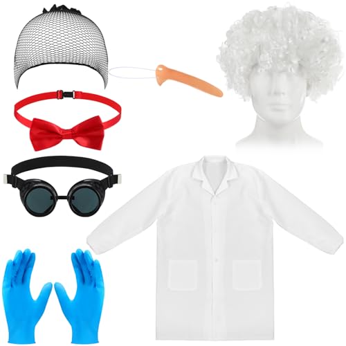 JaGely Verrückter Wissenschaftler-Kostüm-Set, Halloween, verrückter Wissenschaftler, Physiker, Kostüm, Doktor, Cosplay, Partyzubehör (Glatzenmütze), 6-teilig von JaGely