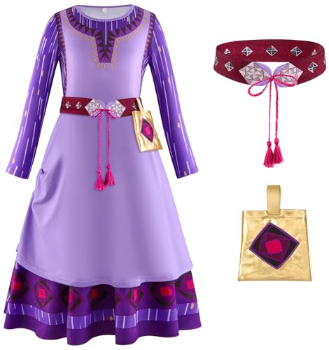 Jabeiyou Asha Kostüm Mädchen Cosplay Film Wish Prinzessin Asha Kleid mit Gürteltaschen Anzug Verkleidung Halloween Weihnachten Karneval Partykleid für Kinder Alter 4-12 Jahre von Jabeiyou
