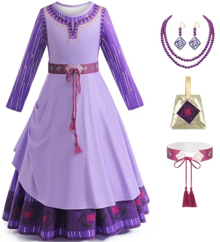 Jabeiyou Asha Kostüm mit Zubehör Mädchen Cosplay Film Wish Prinzessin Asha Kleid und Halskette Ohrringe Anzug Verkleidung Halloween Weihnachten Karneval Partykleid für Kinder Alter 2-14 Jahre von Jabeiyou