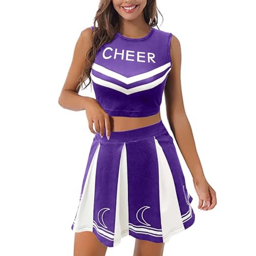 Jabidoos Damen Cheerleaderin Kostüm Mit Pompons Uniform Tops Und Rock Ärmellos Karneval Faschings Tanzkostüm Set Cheerleading Kostüm Cheerleaderuniform Halloween Tanzkleidungset von Jabidoos