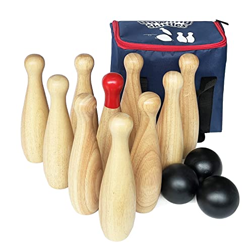 Kegelspiel aus Holz, mit Rasen, Bowling- und Kegelspiele, Hartholz, 10 Pins und 3 Bälle, in einer Tragetasche, 23 cm hoch, naturfarben von Jac & Mok