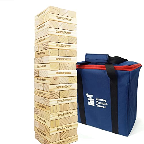 Jumbo Tumble Tower Spiel | 60 Stück Holz Toppling Blocks Spielzeug mit Tragetasche | Premium Kiefernholz Material von Jac & Mok