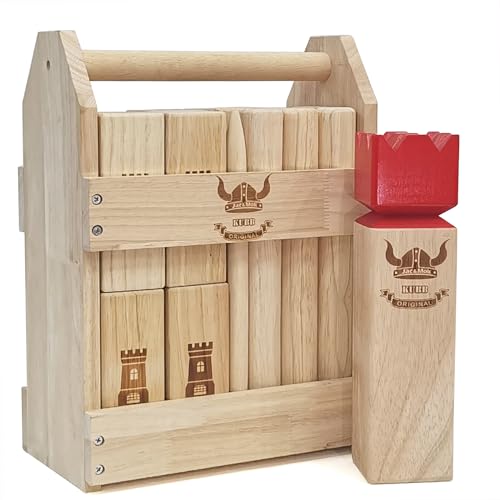 Kubb Spiel-Wurfspiel- Hartholz Wikinger Spiel-Premium Kautschukholz Hinterhof-Wurfspielzeug (Red King, Regulation Size) von Jac & Mok
