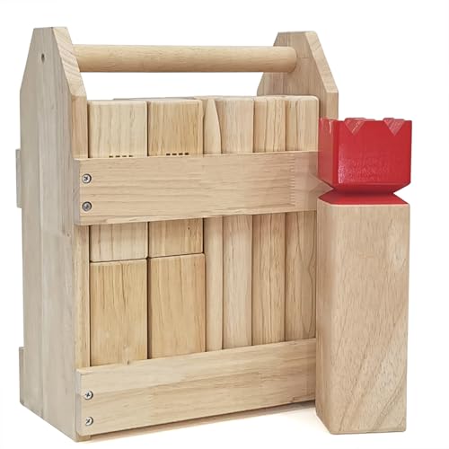 Kubb Spiel-Wurfspiel- Hartholz Wikinger Spiel-Premium Kautschukholz Hinterhof-Wurfspielzeug (Red King, Regulation Size) von Jac & Mok