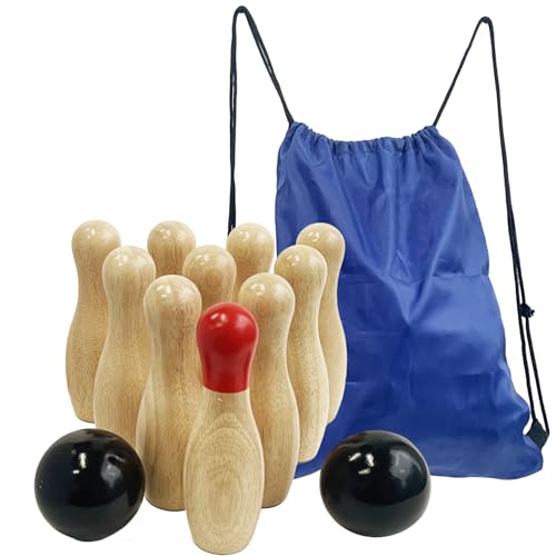 Bowlingspiel aus Holz, Wurfflaschen, Rasen-Spiel für die Familie, Spiel-Set mit Tragetasche (H 15 cm, 10 Stifte + 2 Bälle) von JacJoe All Pro