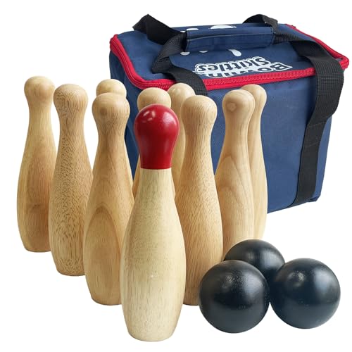 Bowlingspiel aus Holz, Wurfflaschen, Rasen-Spiel für die Familie, Spiel-Set mit Tragetasche (H 23 cm, 10 Stifte + 3 Bälle) von JacJoe All Pro