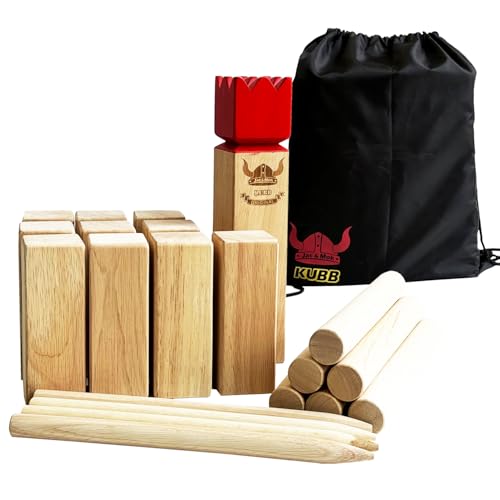 JacJoe All Pro Kubb Spiel im Freien | Wurfspiel mit Tragetasche | Kegelspiel | Gummi Holz Garten Rasen Spiele | Wurfspiel mit Tragetasche (Kubb Games with Carry Bag, King. 30x6.3x6.3 cm) von JacJoe All Pro