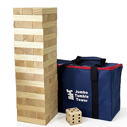 JacJoe All Pro Jumbo Holz-Trommelturm-Spiel mit Würfeln und Tragetasche, klassische Stapelspiele, 54 Stück Bausteine für drinnen und draußen von JacJoe All Pro