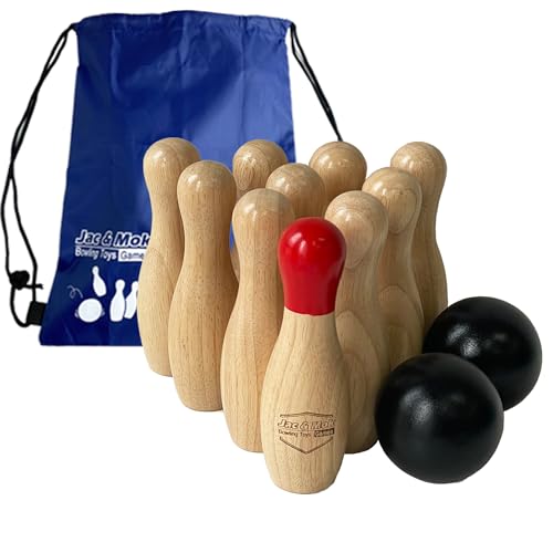 JacMok Bowling Set -Kegelspiel aus Holz - Dosenwerfen Bowling Spiel Outdoor & Indoor Spielzeug (10 Kegel und 2 Bälle, 15cm Höhe) von JacMok