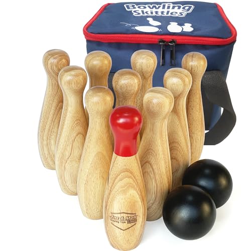 JacMok Bowling Set -Kegelspiel aus Holz - Dosenwerfen Bowling Spiel Outdoor & Indoor Spielzeug (10 Kegel und 2 Bälle, 20cm Höhe) von JacMok