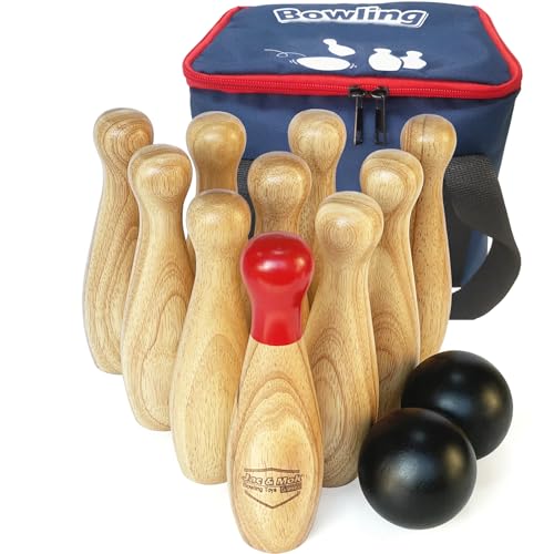 JacMok Bowling Set -Kegelspiel aus Holz - Dosenwerfen Bowling Spiel Outdoor & Indoor Spielzeug (10 Kegel und 2 Bälle, 20cm Höhe) von JacMok