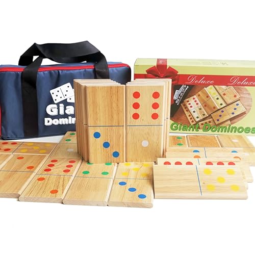 JacMok Holz Giant Dominoes-28 PCS Rubberwood Domino Spiel Set mit Tragetasche (Classic) von JacMok