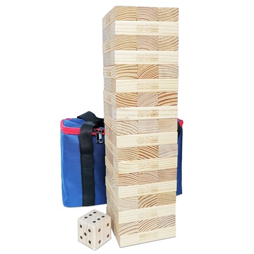 JacMok Tumble Tower Spiel Holz Toppling Blocks Spielzeug mit Tragetasche (54 Stück Large Tumble Tower mit Würfeln) von Jac & Mok