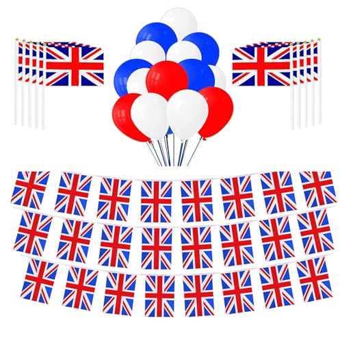 Jacekee Britische Flagge und Ballon, 105 Stück britische Party-Flagge, Banner, Luftballons, Dekoration, Kreativer Partyballon, tragbares Wimpelbanner für Garten, Supermarkt, Party von Jacekee