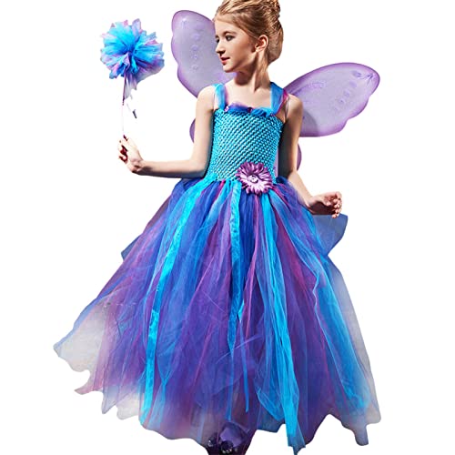 Jacekee Feenkostüm für Mädchen - Kids Fairy Princess Kleider mit Zauberstab und Flügel - Kleinkind-Prinzessin-Kostü mit Rüschen, Elfen-Netzrock, Outfits für Rollenspiele von Jacekee