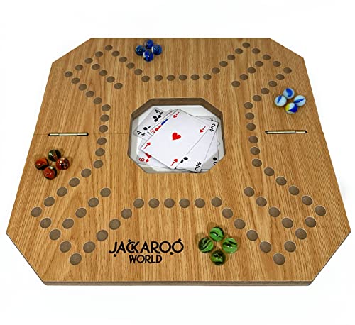 Jackaroo Brettspiel - 2-4 Spieler Karten und Murmeln Spiel - Holz Faltbares Brett mit Mittelöffnung (Eiche) von Jackaroo World