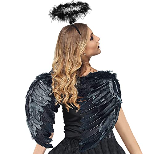 Jackcell Engelsflügel Kostüm, Engelskostüme Federn für Kinder Erwachsene mit Heiligenschein für Halloween, Karneval, Cosplay, Party, Fasching, Schwarz, Klein 45 x 35 cm von Jackcell