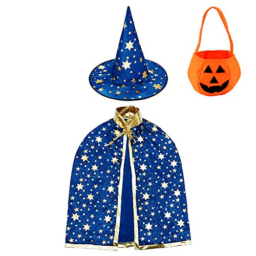 Jackcell Kinder Halloween Kostüm, Wizard Cape Witch Umhang mit Hut, Kürbis Candy Bag, Zauberer Mantel mit Requisiten für Jungen Mädchen Cosplay party (Blau) von Jackcell