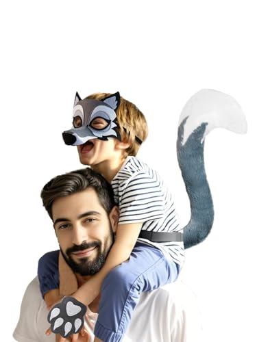 4-teiliges Werwolf-Kostüm-Set für Jungen und Mädchen, Wildwolf-Maske, Handschuhe und Schwanz, Halloween, grauer Tierwolf, Cosplay-Zubehör 4-teiliges Werwolf-Kostüm-Set für Jungen und Mädchen, Wildwolf-Maske, Handschuhe und Schwanz, Halloween, grauer Tierwolf, Cosplay-Zubehör von Jackolume