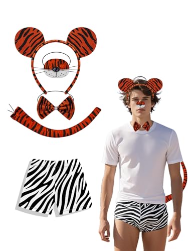 5-teiliges Tanzendes Tiger-Kostüm-Set für Erwachsene – Tigerohren-Stirnband, Schwanz, Nase, Fliege, Badehose, Dschungeltier-Kostüm, große Katze, Kostüm, Halloween, Cosplay, Party-Outfits 5-teiliges Tanzendes Tiger-Kostüm-Set für Erwachsene – Tigerohren-Stirnband, Schwanz, Nase, Fliege, Badehose, Dschungeltier-Kostüm, große Katze, Kostüm, Halloween, Cosplay, Party-Outfits von Jackolume