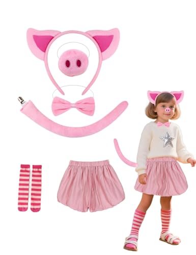 6-teiliges rosa Schweine-Kostüm – rosa Ohren, Stirnband, Nasenschwanz, Fliege, Shorts, Cartoon-Schwein, Rollenspiel-Kostüm, Halloween, Verkleidung für Mädchen 6-teiliges rosa Schweine-Kostüm – rosa Ohren, Stirnband, Nasenschwanz, Fliege, Shorts, Cartoon-Schwein, Rollenspiel-Kostüm, Halloween, Verkleidung für Mädchen von Jackolume