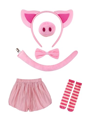 6-teiliges rosa Schweine-Kostüm – rosa Ohren, Stirnband, Nasenschwanz, Fliege, Shorts, Cartoon-Schwein, Rollenspiel-Kostüm, Halloween, Verkleidung für Mädchen 6-teiliges rosa Schweine-Kostüm – rosa Ohren, Stirnband, Nasenschwanz, Fliege, Shorts, Cartoon-Schwein, Rollenspiel-Kostüm, Halloween, Verkleidung für Mädchen von Jackolume