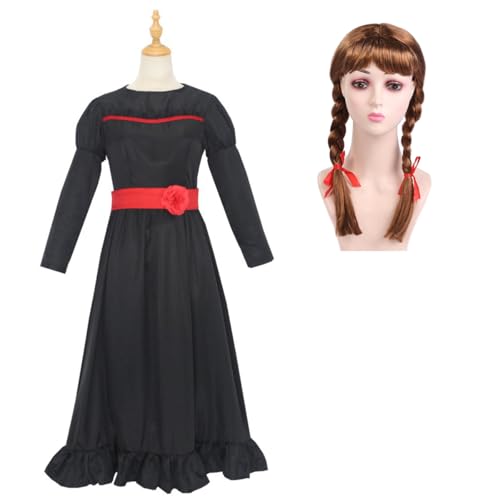 Erwachsenenkostüm Anna mit Gruselpuppe, Horrorpuppe, schwarzes Kleid mit Bund und Perücke, gruseliges Filmkostüm, Halloween-Outfits von Jackolume