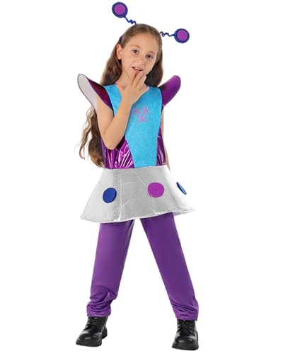 Jackolume Alien-Kostüm für Kinder, kosmische Galaxie-Outfits, lila-silberfarbener Roboterrock mit Stirnband, Kostüm, Halloween, kosmisches Galaxie-Kostüm, Cosplay von Jackolume