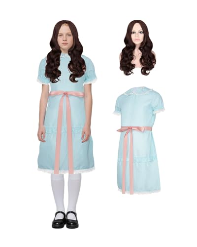 Jackolume Glänzendes Zwillingskostüm für Mädchen, blaues Babydoll, Puffärmel, Lolita-Kleid mit Perücke, Halloween, gruselige Puppe, Cosplay, Kostüm, Party-Outfits von Jackolume