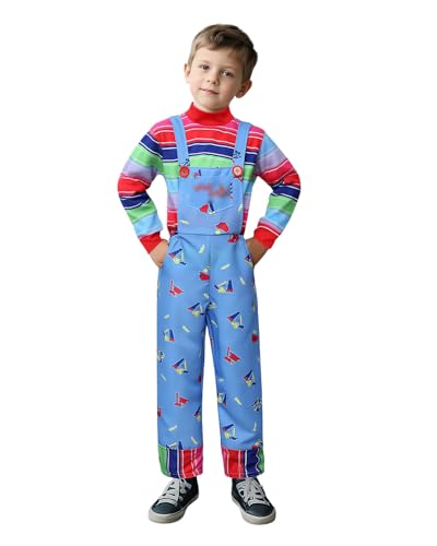 Jackolume Halloween-Horror-Killer-Puppen-Kostüm für Kinder, Spiel-Overall, Overalls und gestreiftes Hemd, Horror-Film, verkleiden sich Geister-Gute-Jungs, Cosplay-Outfits Jackolume Halloween-Horror-Killer-Puppen-Kostüm für Kinder, Spiel-Overall, Overalls und gestreiftes Hemd, Horror-Film, verkleiden sich Geister-Gute-Jungs, Cosplay-Outfits von Jackolume