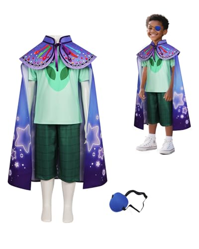Jackolume Jungen Earth Ambassador Elio Kostüm, Kinder Anime Little Earth Elio Alien Cosplay Kurzes T-Shirt Hose Gürtel Umhang, Jungen Elio Blau Uniform für Halloween von Jackolume