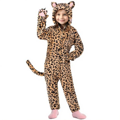 Jackolume Kinder Tier Leopard Onesie, Gepard Offizier Clawhauser Kostüm Pyjama Einteiler Nachtwäsche mit Ohren und Schwanz, Halloween Tier Dress Up für Jungen Mädchen Jackolume Kinder Tier Leopard Onesie, Gepard Offizier Clawhauser Kostüm Pyjama Einteiler Nachtwäsche mit Ohren und Schwanz, Halloween Tier Dress Up für Jungen Mädchen von Jackolume