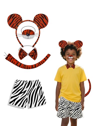 Jackolume Tiger-Tänzer-Kostüm-Set für Kinder, Tigerohren, Stirnband, Schwanz, Nase, Fliege, Hose, Wildtier-Tigger-Kostüm, Halloween, Cosplay, Party, Outfits, 5-teilig Jackolume Tiger-Tänzer-Kostüm-Set für Kinder, Tigerohren, Stirnband, Schwanz, Nase, Fliege, Hose, Wildtier-Tigger-Kostüm, Halloween, Cosplay, Party, Outfits, 5-teilig von Jackolume