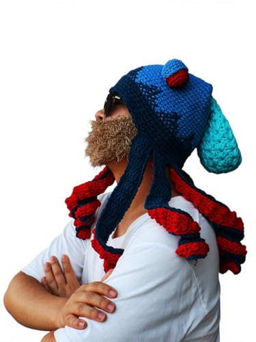 Jackolume Tintenfisch-Oktopus-Strickmütze für Erwachsene, Blau / Rot, Neuheit, Oktopus, Wikinger, Schnurrbart, für Herren und Damen, Halloween, Tintenfisch, Regenbogen-Tintenfisch-Hut, Verkleidung Jackolume Tintenfisch-Oktopus-Strickmütze für Erwachsene, Blau / Rot, Neuheit, Oktopus, Wikinger, Schnurrbart, für Herren und Damen, Halloween, Tintenfisch, Regenbogen-Tintenfisch-Hut, Verkleidung von Jackolume
