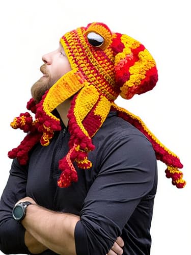 Jackolume Tintenfisch-Oktopus-Strickmütze für Erwachsene, Gelb-Rot, Neuheit, Oktopus, Wikinger, Schnurrbart, für Herren und Damen, Halloween, Tintenfisch, Regenbogen-Tintenfisch-Hut, Verkleidung Jackolume Tintenfisch-Oktopus-Strickmütze für Erwachsene, Gelb-Rot, Neuheit, Oktopus, Wikinger, Schnurrbart, für Herren und Damen, Halloween, Tintenfisch, Regenbogen-Tintenfisch-Hut, Verkleidung von Jackolume