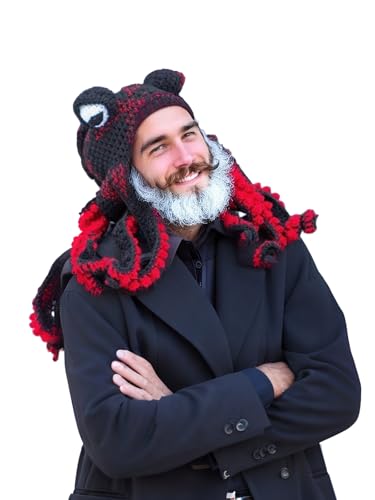 Jackolume Tintenfisch-Oktopus-Strickmütze für Erwachsene, schwarz-rot, Neuheit, Oktopus, Wikinger, Schnurrbart, für Herren und Damen, Halloween, Tintenfisch, Regenbogen-Tintenfisch-Hut, Verkleidung Jackolume Tintenfisch-Oktopus-Strickmütze für Erwachsene, schwarz-rot, Neuheit, Oktopus, Wikinger, Schnurrbart, für Herren und Damen, Halloween, Tintenfisch, Regenbogen-Tintenfisch-Hut, Verkleidung von Jackolume